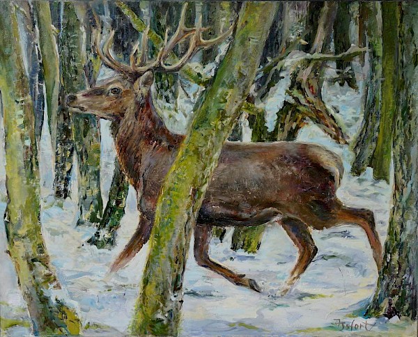 Waldstück - Hirsch, Öl, 80 x 120 cm