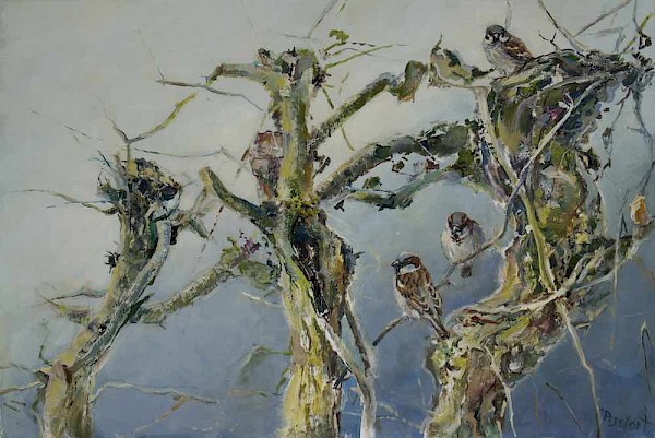 Waldstück - Sperlinge, Öl, 70 x 100 cm