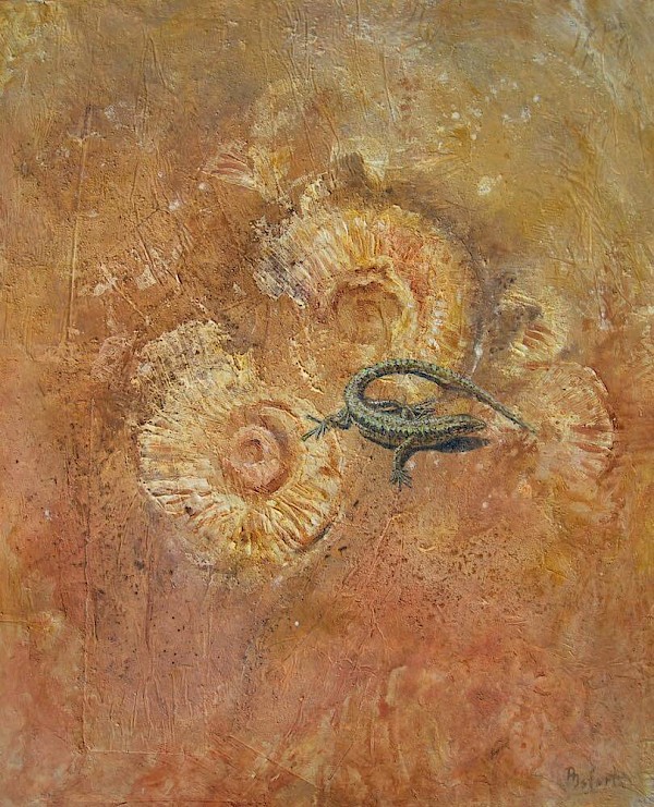Fossil - Mauereidechse, Mischtechnik, 70 x 60 cm
