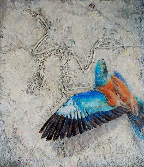 Fossil - Blauracke, Mischtechnik, 70 x 60 cm