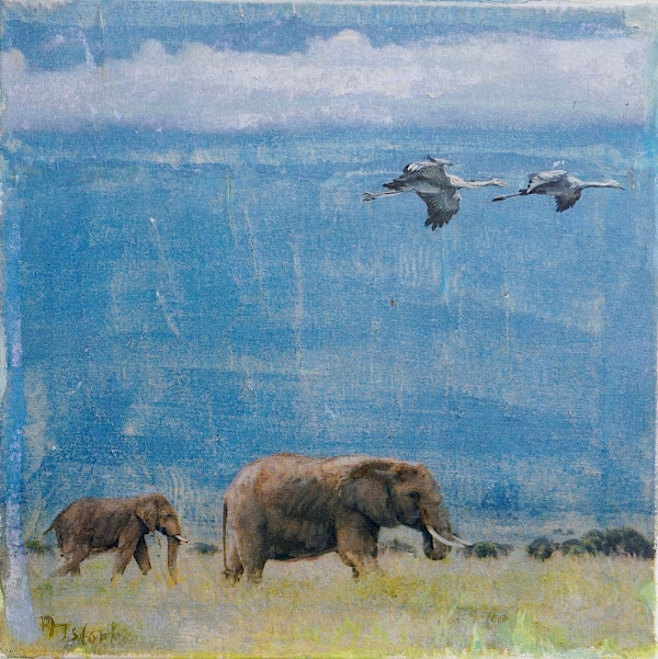 Amboseli - Kenia, Paradieskraniche, Mischtechnik, 40  x 40 cm