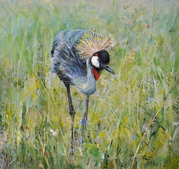Kronenkranich Masai Mara - Kenia, Mischtechnik, 40 x 40 cm